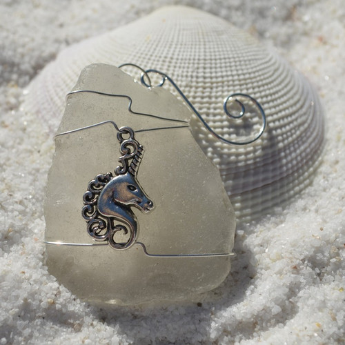 Unicorn Charm Wire Wrapped on a Surf Tumbled Sea Glass Ornament - Choose Your Color Sea Glass Frosted, Green, and Brown - Made to Order