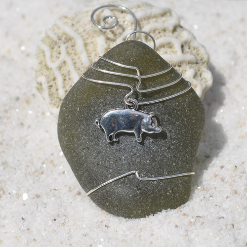 Pig Charm on a Surf Tumbled Sea Glass Ornament - Choose Your Color Sea Glass Frosted, Green, and Brown - Made to Order