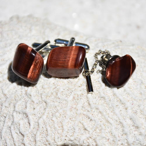 Red Tiger's Eye Cufflinks and Tie Tack