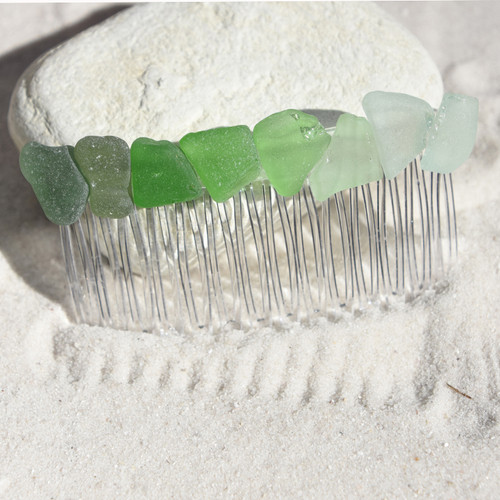Shades of Green Sea Glass Hair Comb