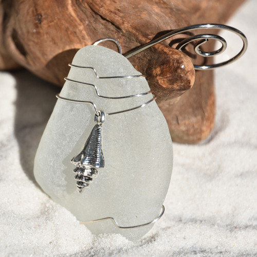 Conch Sea Shell Charm on a Surf Tumbled Sea Glass Ornament - Choose Your Color Sea Glass Frosted, Green, and Brown - Made to Order