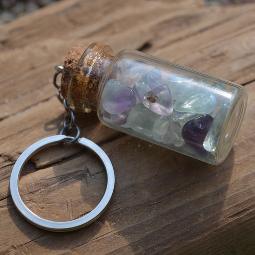 Tumbled Fluorite Stones in a Glass Vial Keychain