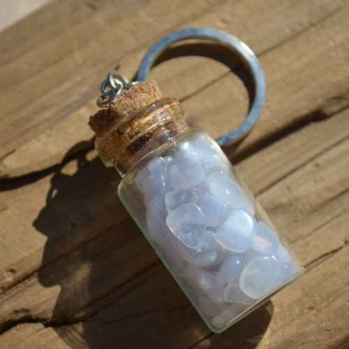 Blue Lace Agate Stones in a Glass Vial Keychain 