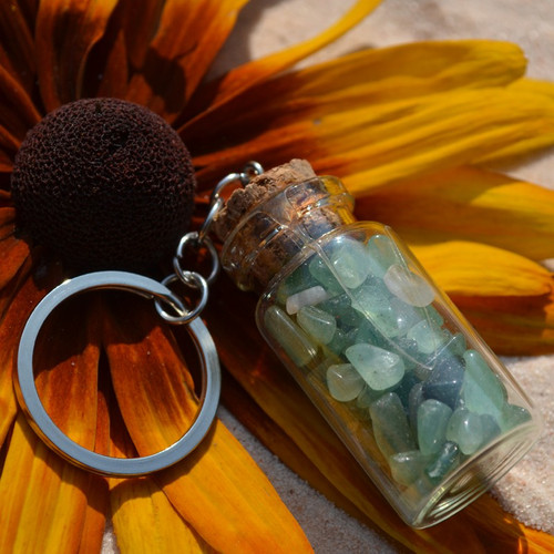 Green Quartz Stones in a Glass Vial Keychain