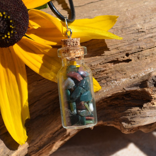 Bloodstones in a Glass Vial on a Leather Cord Necklace