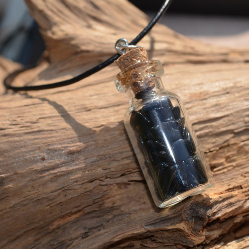 Apache Tears Stones in a Glass Vial on a Leather Cord Necklace