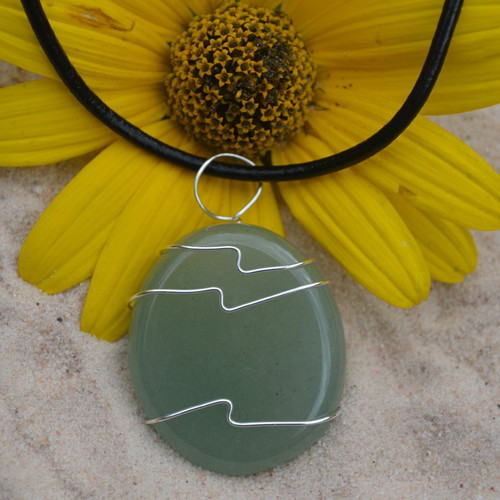 Green Aventurine Palm Stone Hand Wire Wrapped on a Leather Thong Necklace