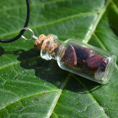 Brecciated Jasper Stones in a Glass Vial on a Leather Cord Necklace