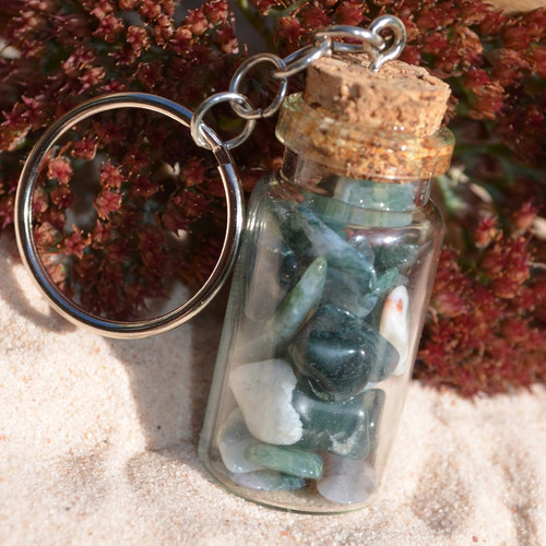 Moss Agate Stones in a Glass Vial Keychain