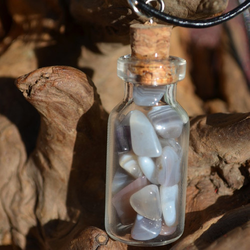 Gray Banded Agate Stones in a Glass Vial on a Leather Cord Necklace