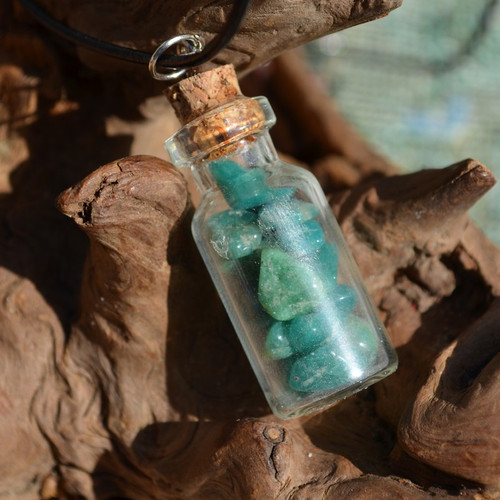 Amazonite Stones in a Glass Vial on a Leather Cord Necklace