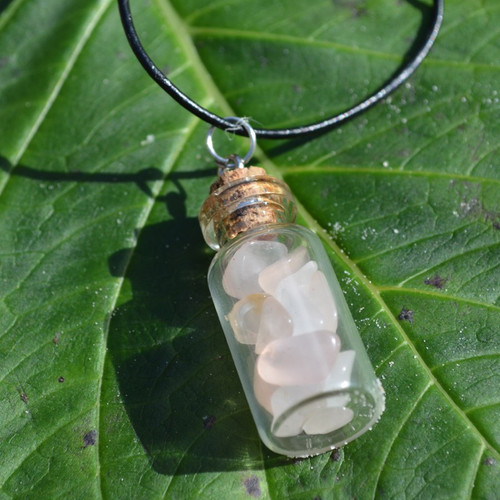 Rose Quartz Quartz Stones in a Glass Vial on a Leather Cord Necklace 
