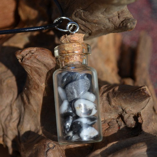 Marble Zebra Jasper Stones in a Glass Vial on a Leather Cord Necklace