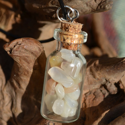 Moonstones in a Glass Vial on a Leather Cord Necklace