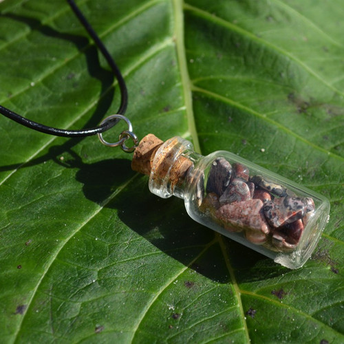 Leopard Skin Jasper Stones in a Glass Vial on a Leather Cord Necklace