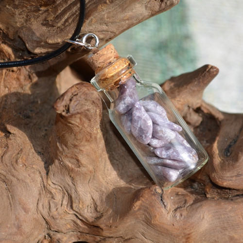 Lepidolite Stones in a Glass Vial on a Leather Cord Necklace