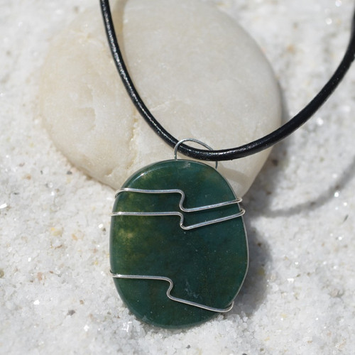 Green Moss Agate Palm Stone Hand Wire Wrapped Necklace