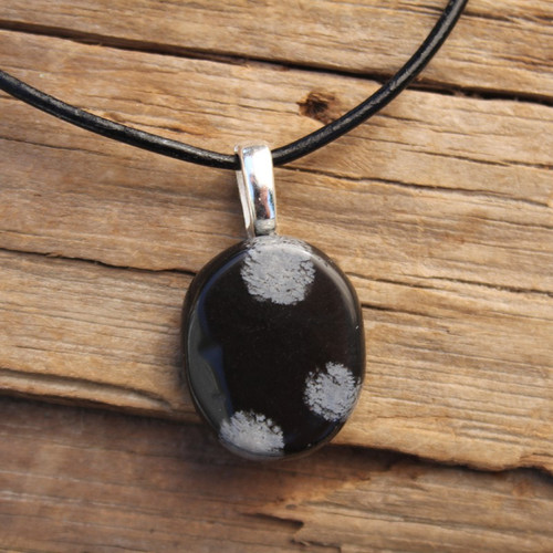 Snowflake Obsidian Palm Stone on a Leather Thong Necklace