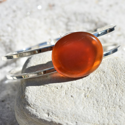 Carnelian Palm Stone Silver Bangle Cuff Bracelet