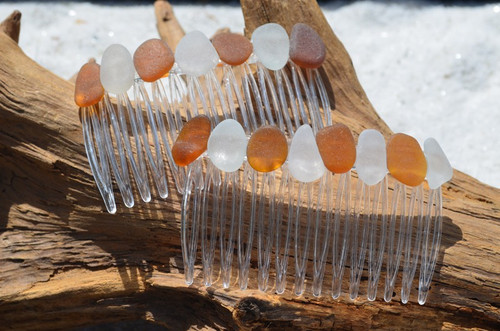 Brown and White Sea Glass Hair Combs