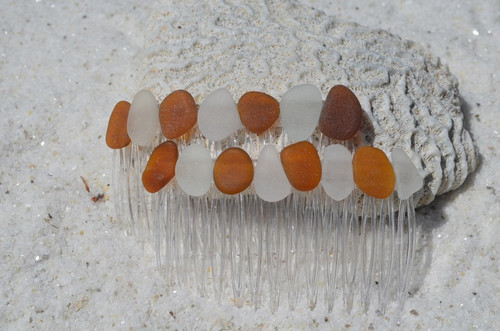 Brown and White Sea Glass Hair Combs