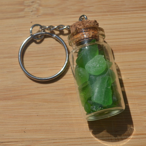 Green Sea Glass in a Glass Vial Key Chain 