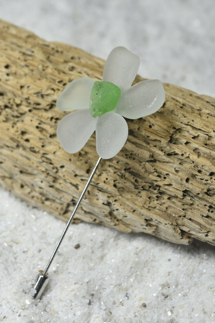 Frosted White and Green of Sea Glass Flower Lapel Pin or Brooch