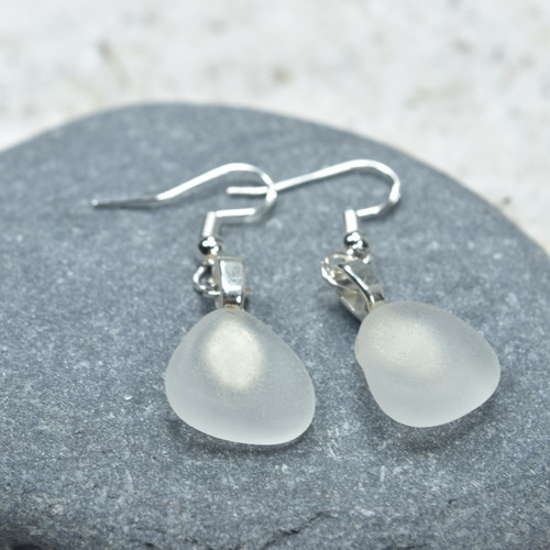 Pair of Genuine Surf Tumbled Dangling Frosted White Sea Glass Earrings - (1  Set)- Made to Order