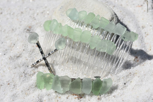 Aqua and Sea Foam Sea Glass Hair Clip Set