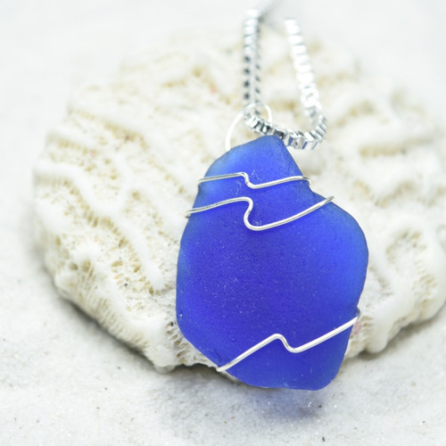 Delicate floating genuine Dark Blue sea glass on sterling silver chain.  Beautiful dainty COBALT BLUE sea glass necklace!