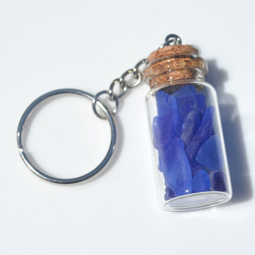 Blue Sea Glass in a Glass Vial Key Chain