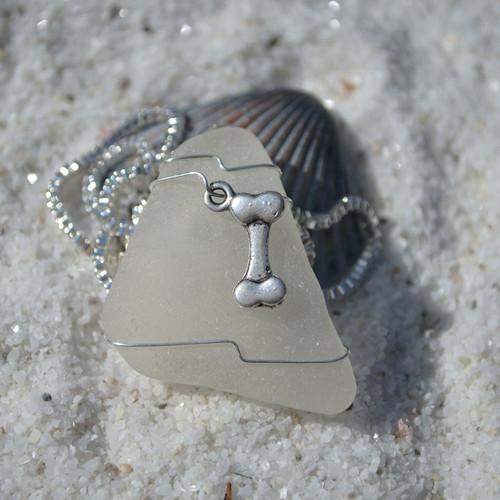 Handmade Genuine Sea Glass Necklace with a Silver Dog Bone Charm - Choose the Color - Frosted, Green, Brown, or Aqua - Made to Order