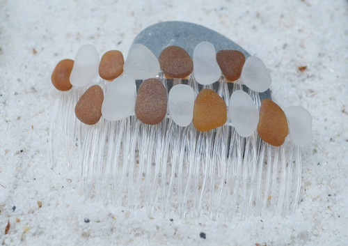 Brown and White Sea Glass Hair Combs 