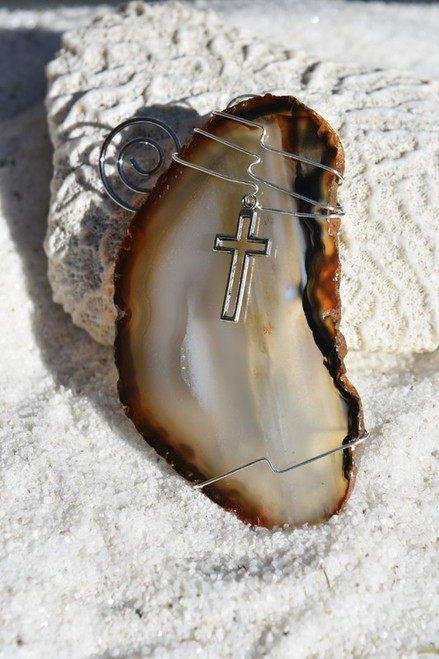 Custom Handmade Agate Slice Ornament with Silver Cross Charm - Choose Your Agate Slice Color