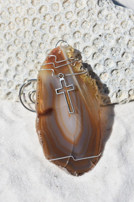 Custom Handmade Agate Slice Ornament with Silver Cross Charm - Choose Your Agate Slice Color