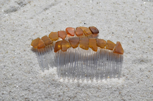 Genuine Surf-Tumbled Amber Brown Sea Glass Hair Combs (Quantity of 2)