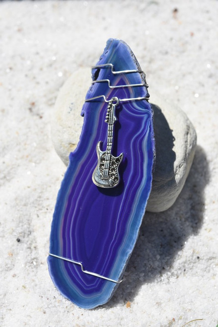 Handmade Agate Slice Ornament with Silver Guitar Charm - Choose Your Agate Slice Color-  Made to Order