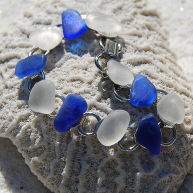 Frosted White and Cobalt Blue Sea Glass Bracelet - 3 Sizes Available ...