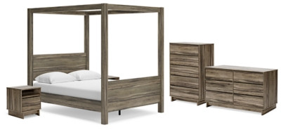 Ashley Shallifer Brown Queen Canopy Bed with Dresser, Chest and 2 Nightstands
