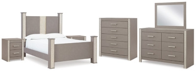 Ashley Surancha Gray Queen Poster Bed with Mirrored Dresser, Chest and 2 Nightstands