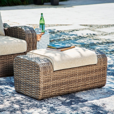 Ashley Sandy Bloom Beige Outdoor Ottoman with Cushion