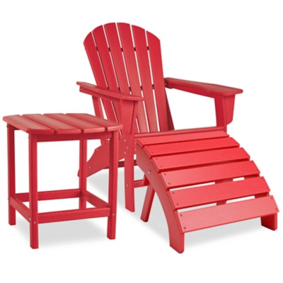 Ashley Sundown Treasure Red Outdoor Adirondack Chair and Ottoman with Side Table