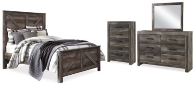 Ashley Wynnlow Gray Queen Crossbuck Panel Bed with Mirrored Dresser and Chest