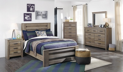 Ashley Zelen Warm Gray Full Panel Bed with Mirrored Dresser, Chest and 2 Nightstands
