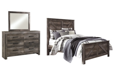 Ashley Wynnlow Gray Queen Crossbuck Panel Bed with Mirrored Dresser