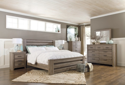 Ashley Zelen Warm Gray King Panel Bed with Mirrored Dresser, Chest and Nightstand