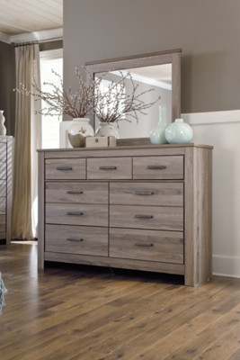 Ashley Zelen Warm Gray Full Panel Headboard Bed with Mirrored Dresser, Chest and 2 Nightstands