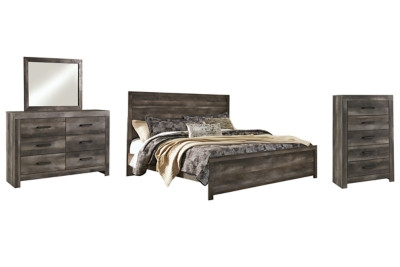 Ashley Wynnlow Gray King Panel Bed with Mirrored Dresser and Chest