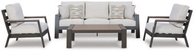 Ashley Tropicava Taupe White Outdoor Sofa and 2 Chairs with Coffee Table