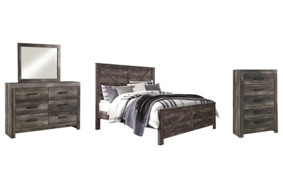 Ashley Wynnlow Gray King Crossbuck Panel Bed with Mirrored Dresser and Chest